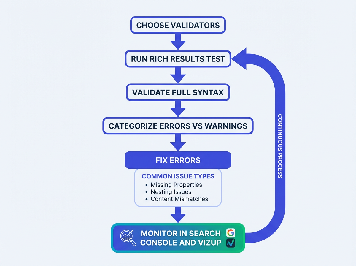 Flowchart of the complete schema markup validation workflow from initial testing through ongoing monitoring