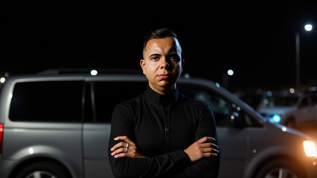 Felipe Miranda ao lado de minivan — carro turo na prática em Orlando