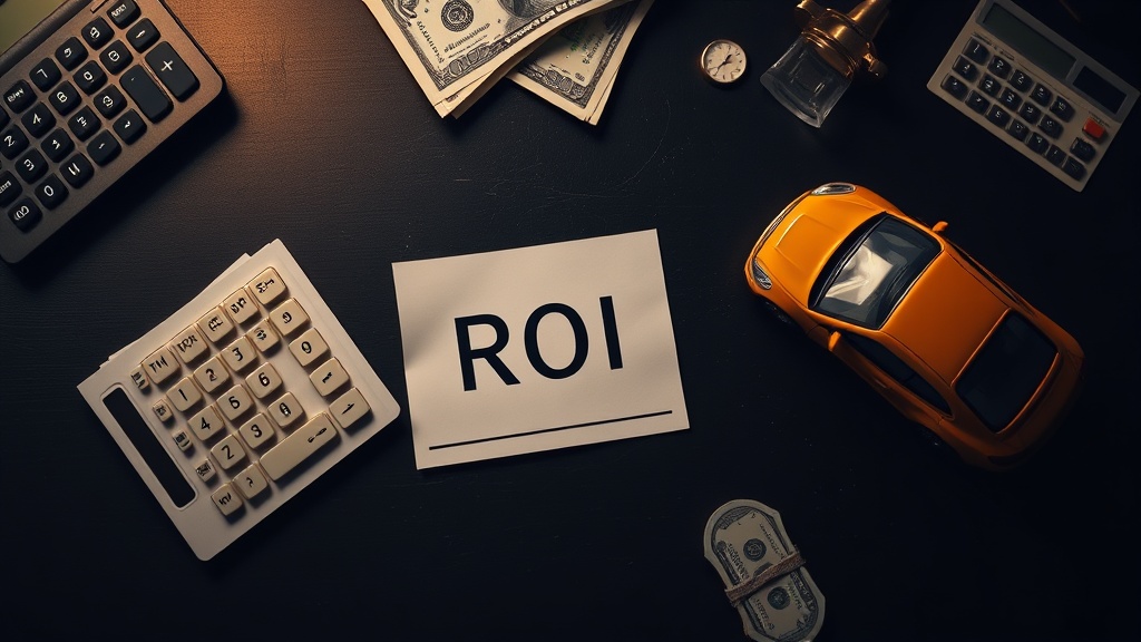 Calculadora e miniaturas de carros ilustrando ROI de carro turo