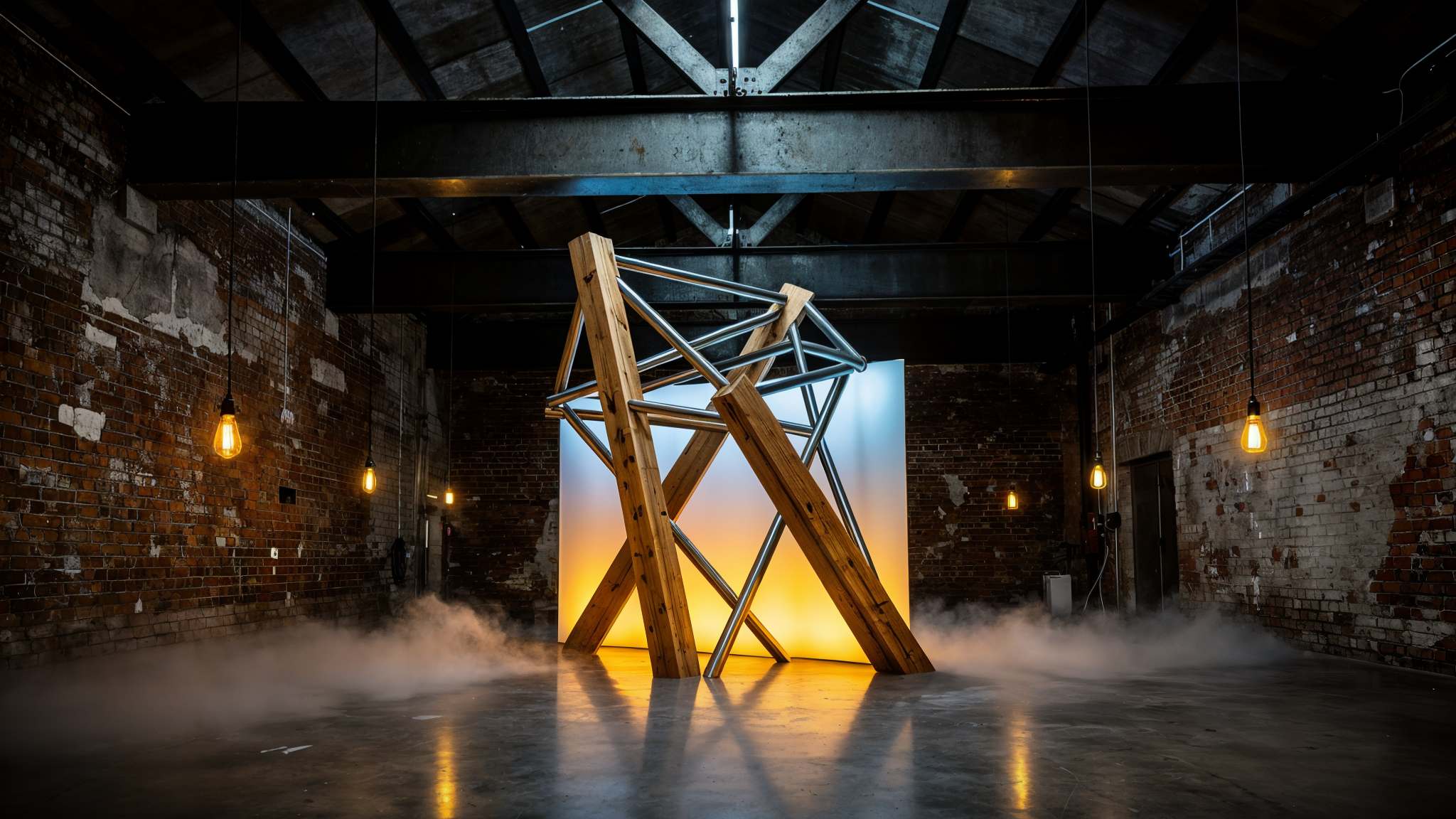 Entry installation — timber frame with amber-to-blue glow