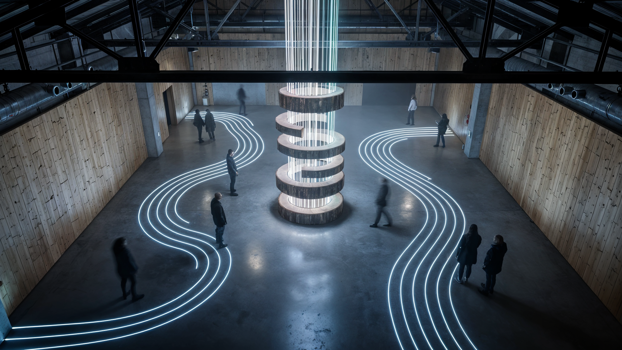 Overhead — fiber optic wood column and LED floor paths