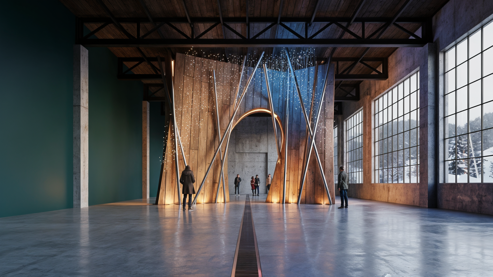 Timber arch with amber-to-blue glow in the warehouse
