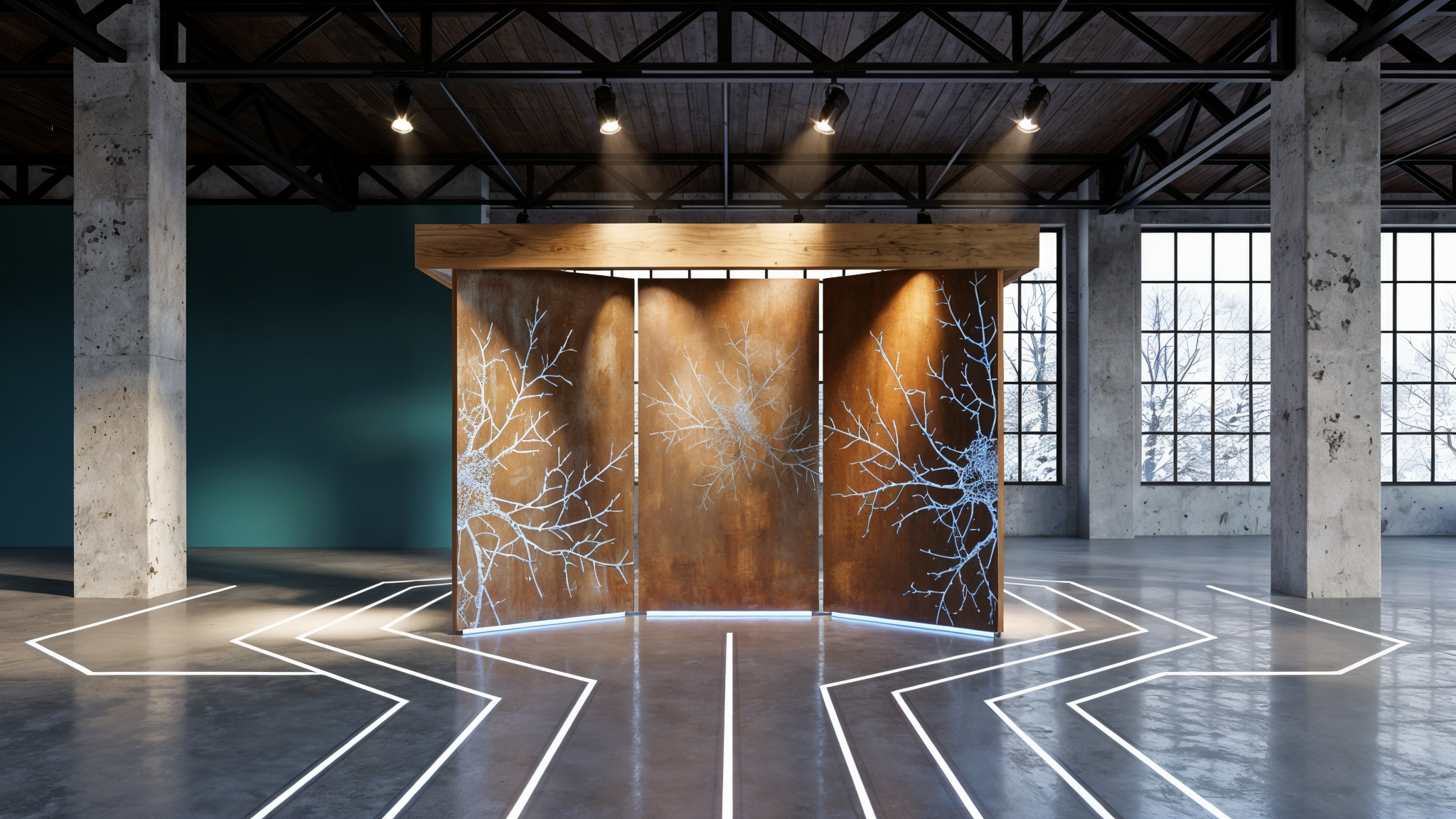 Corten steel monolith panels with neural etching