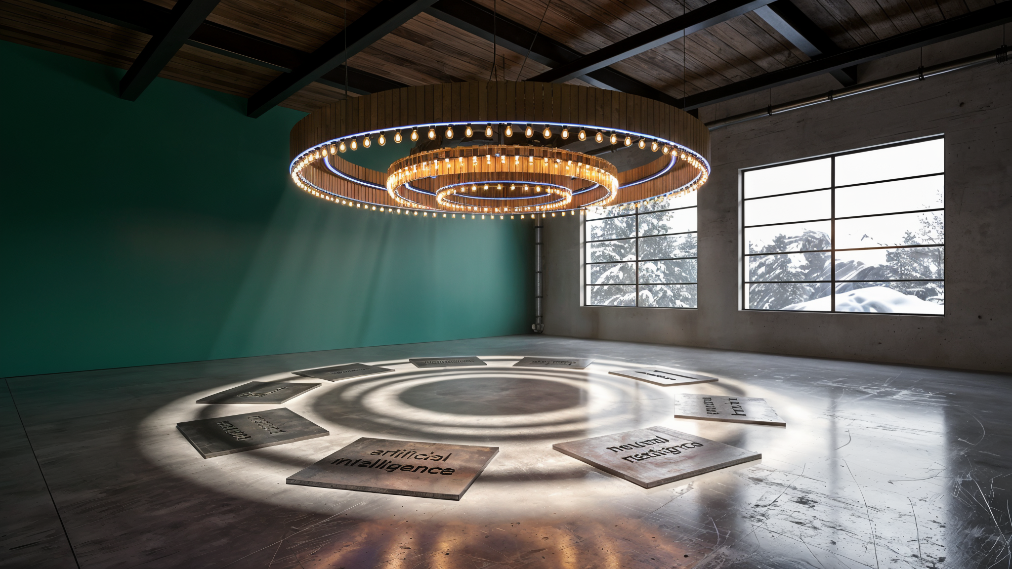 Suspended wood strip chandelier entry threshold