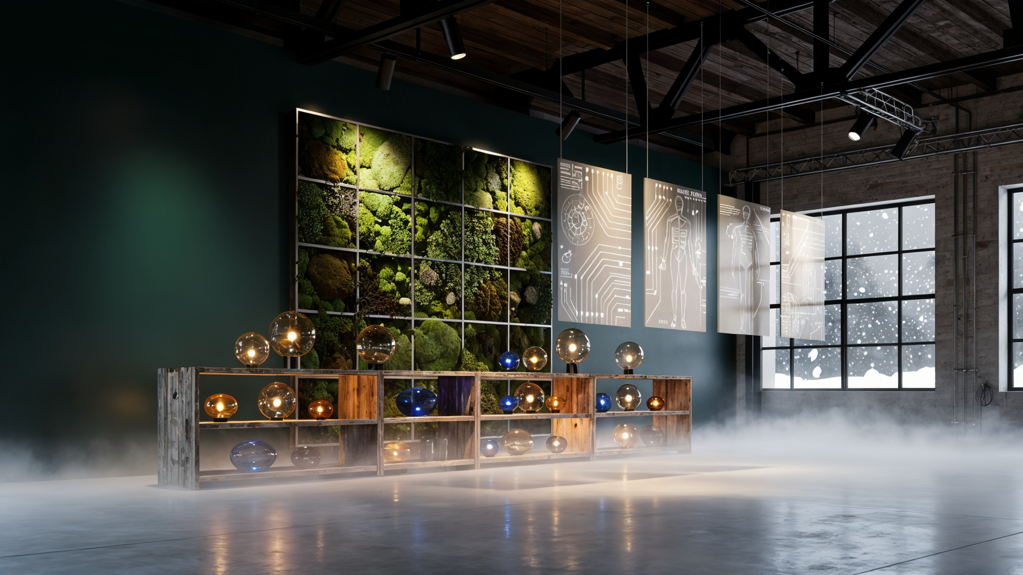 Living moss wall with steel cable suspended panels