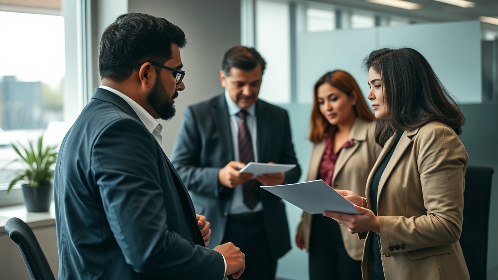 A high-resolution image capturing a Canadian immigration office with diverse entrepreneurs consulting with officials, focusing on business policy changes. The image conveys a sense of engagement and strategic planning.