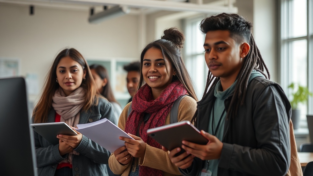 A diverse group of international students engaging in a co-op or internship in a Canadian workplace environment, symbolizing the recent policy change.