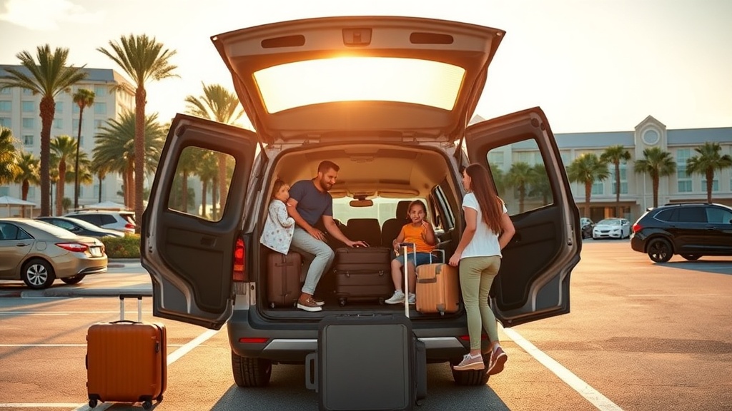Família desembarcando de minivan em resort de Orlando — demanda por carro Turo