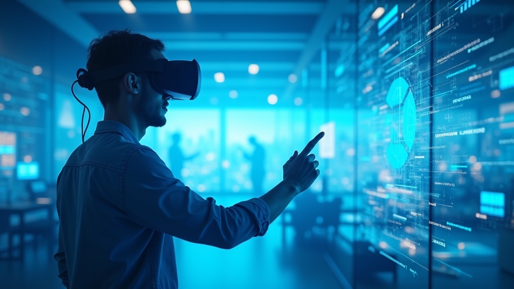 Desarrollador trabajando con gafas de realidad virtual mostrando la alianza Unity Meta