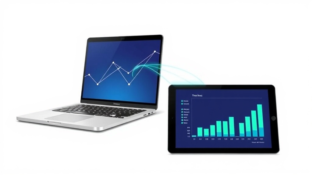 ノートパソコンとタブレットに表示された会計データのグラフとチャート、ソフト統合を示すイメージ