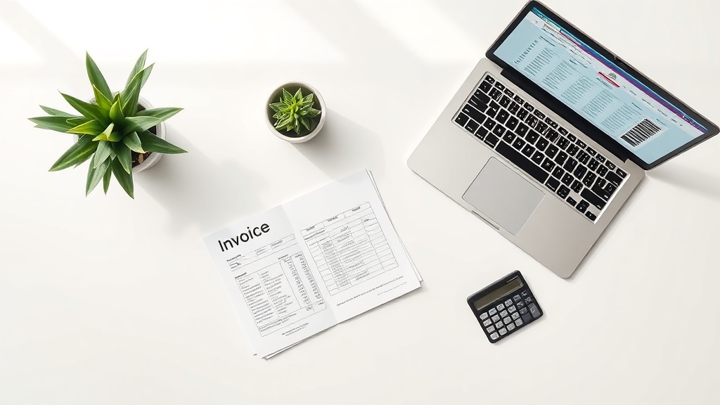 ノートパソコンと請求書書類、電卓が配置されたビジネスデスクの俯瞰画像