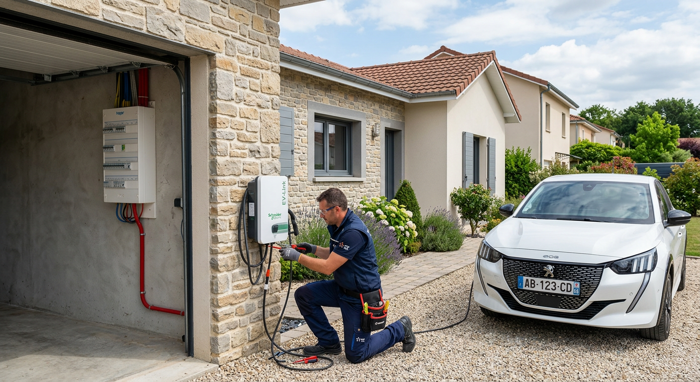 Installateur en tenue professionnelle installant une borne de recharge électrique IRVE devant une maison avec véhicule électrique en zone résidentielle.