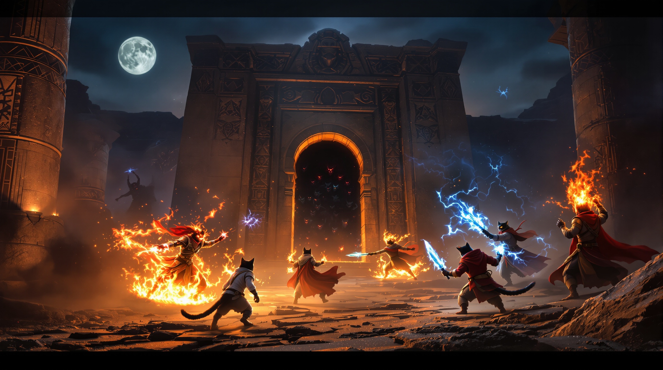 Escena de combate del roguelite VR Catjinni Survivors con magia espectacular