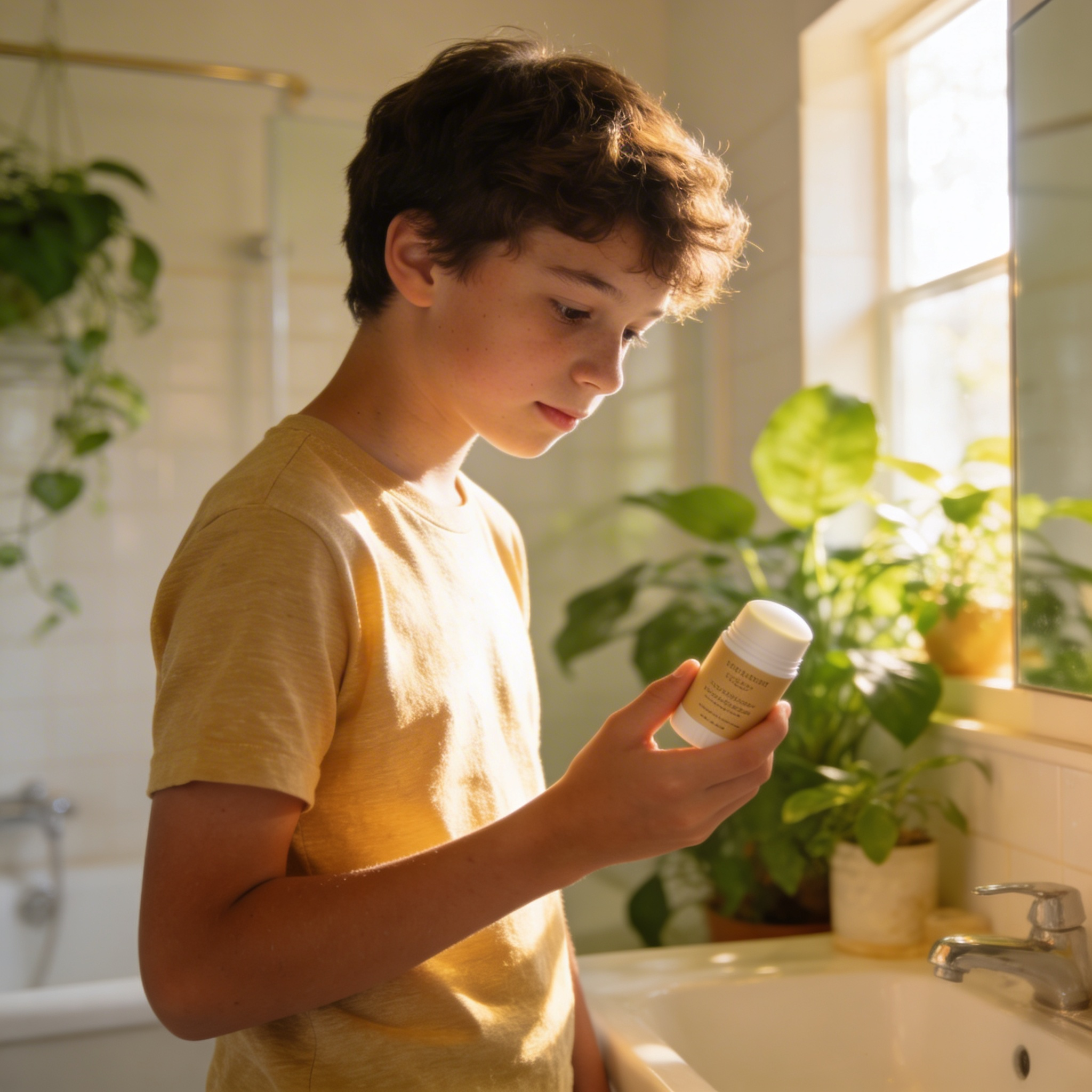 adolescent utilisant un déodorant naturel dans une salle de bain lumineuse