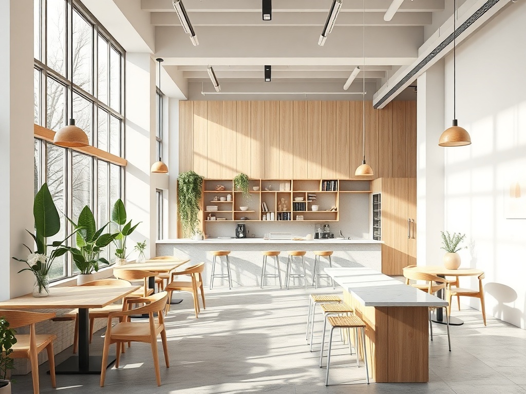 Design intérieur coffee shop par IA — style nordique minimal, généré par Salle