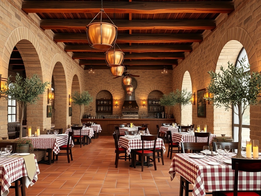 Restaurant interior design AI — concept trattoria toscane rustique, terracotta et pierre