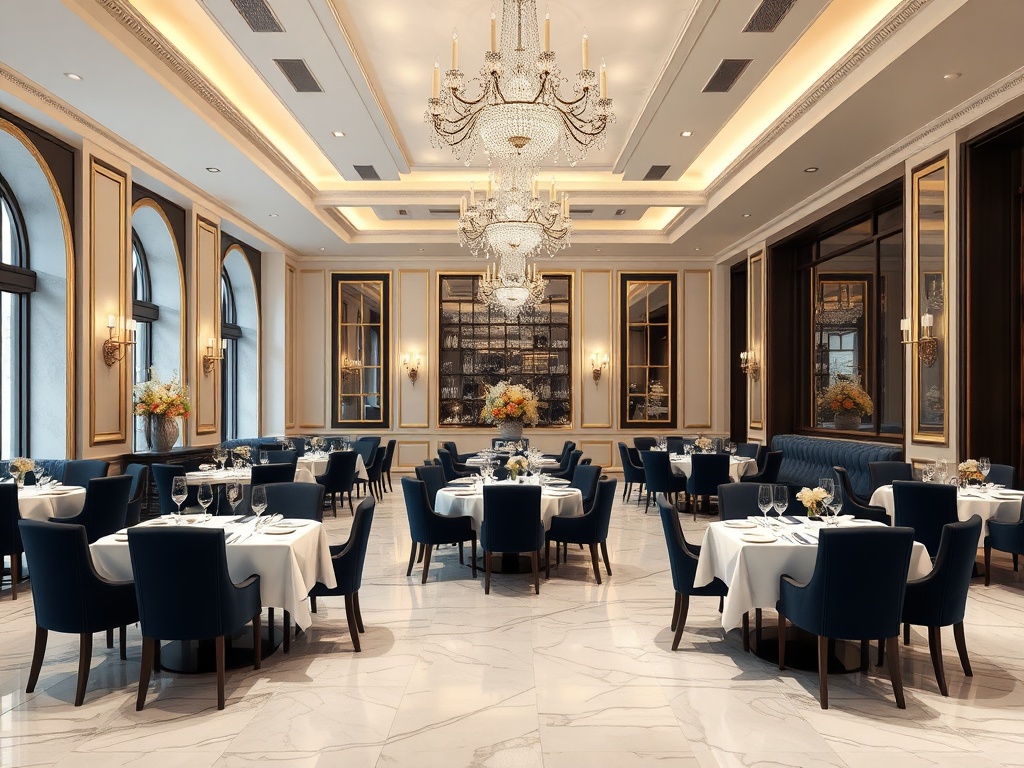 AI restaurant design gastronomique — fine dining élégant, marbre et velours, généré par IA
