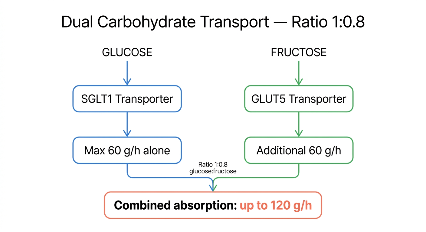 Diagramme des transporteurs intestinaux SGLT1 et GLUT5 pour l'absorption glucose/fructose en course à pied