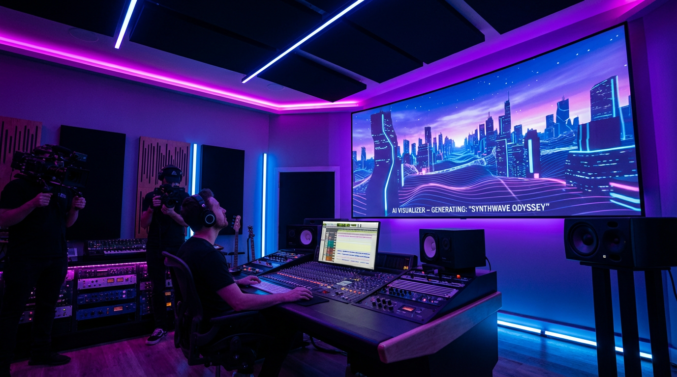 Musician in a recording studio watching AI generate cinematic music video visuals on a large screen with neon purple and blue lighting