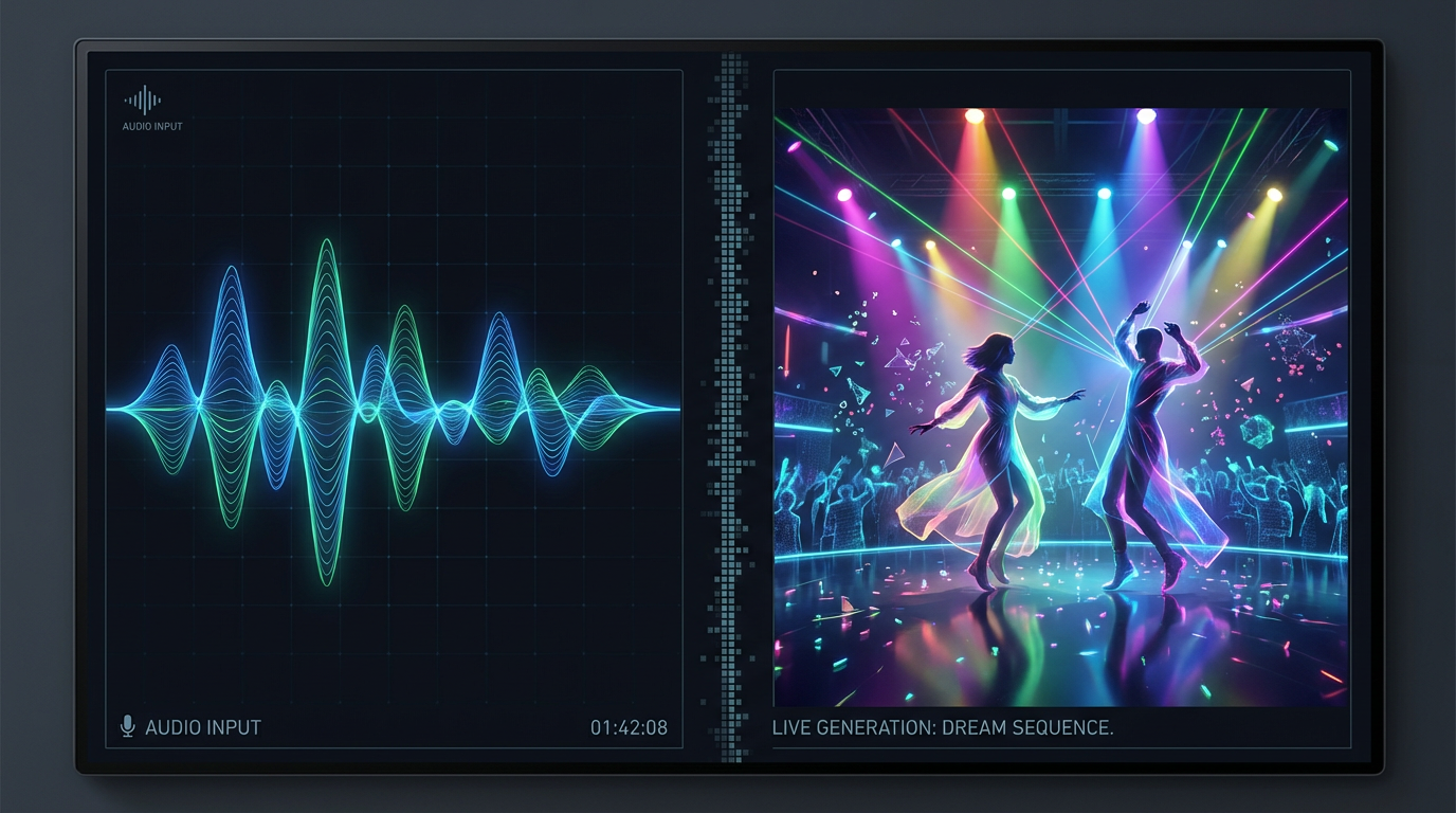 Song waveform audio visualization transforming into a stunning AI-generated music video scene with dancing figures and stage lighting