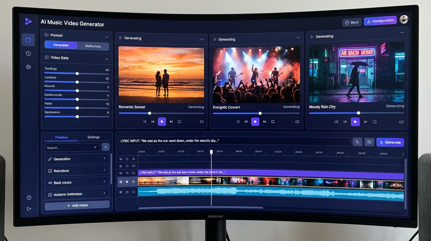 AI music video generator interface showing multiple visual scenes being generated from lyrics matching different moods