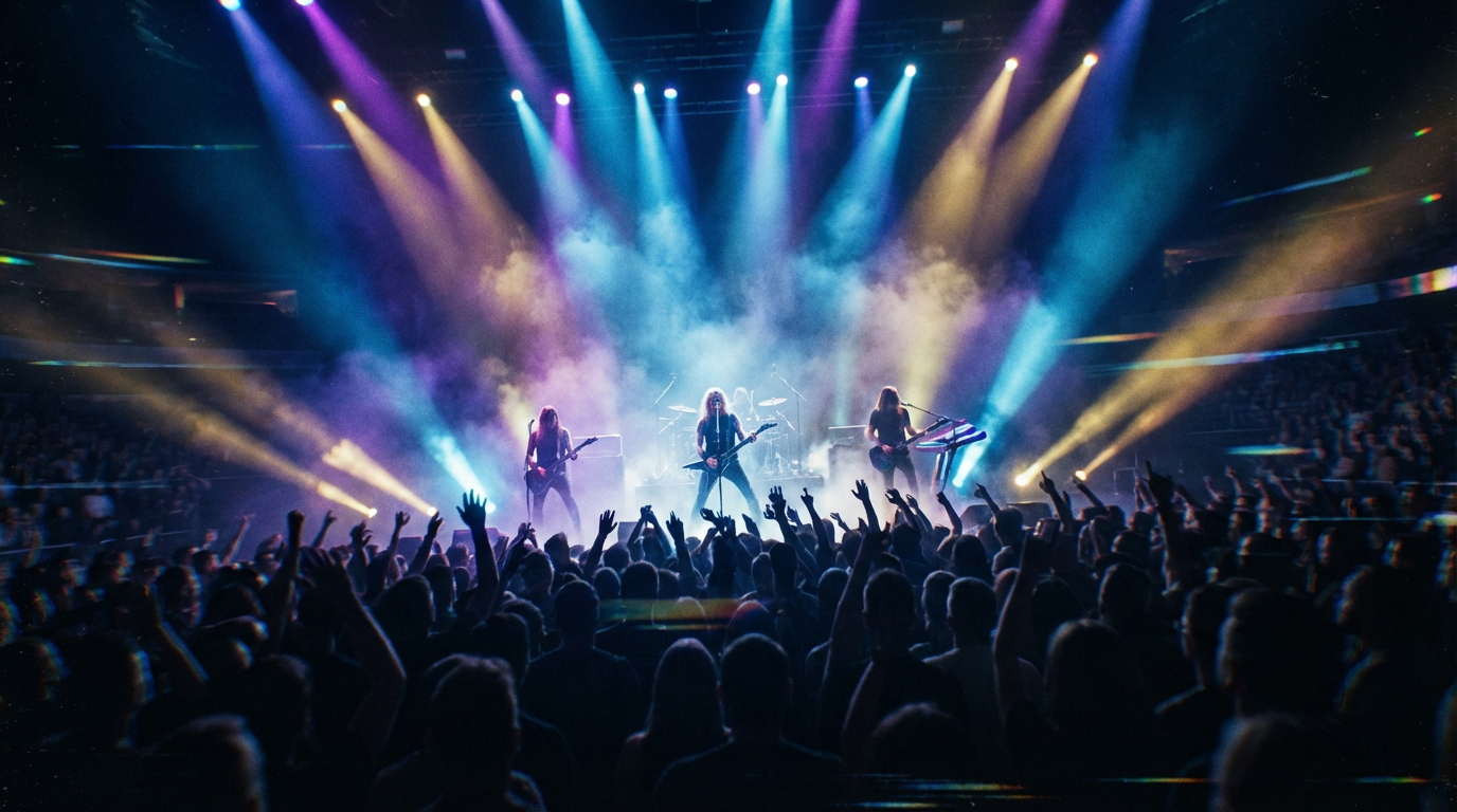 Epic AI-generated concert music video scene with a band performing on stage with dramatic spotlights and crowd silhouettes
