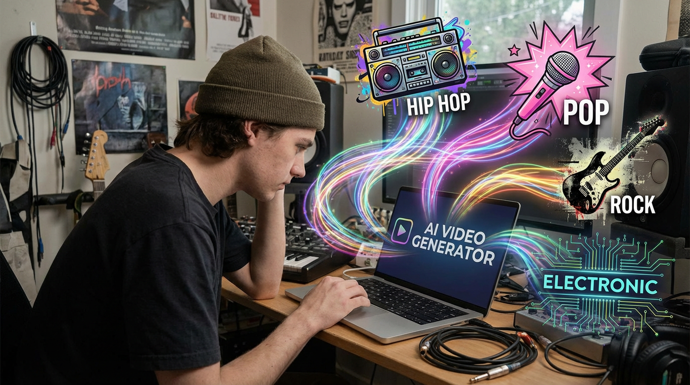 Indie artist creating an AI music video on a laptop with colorful abstract visuals flowing from the screen