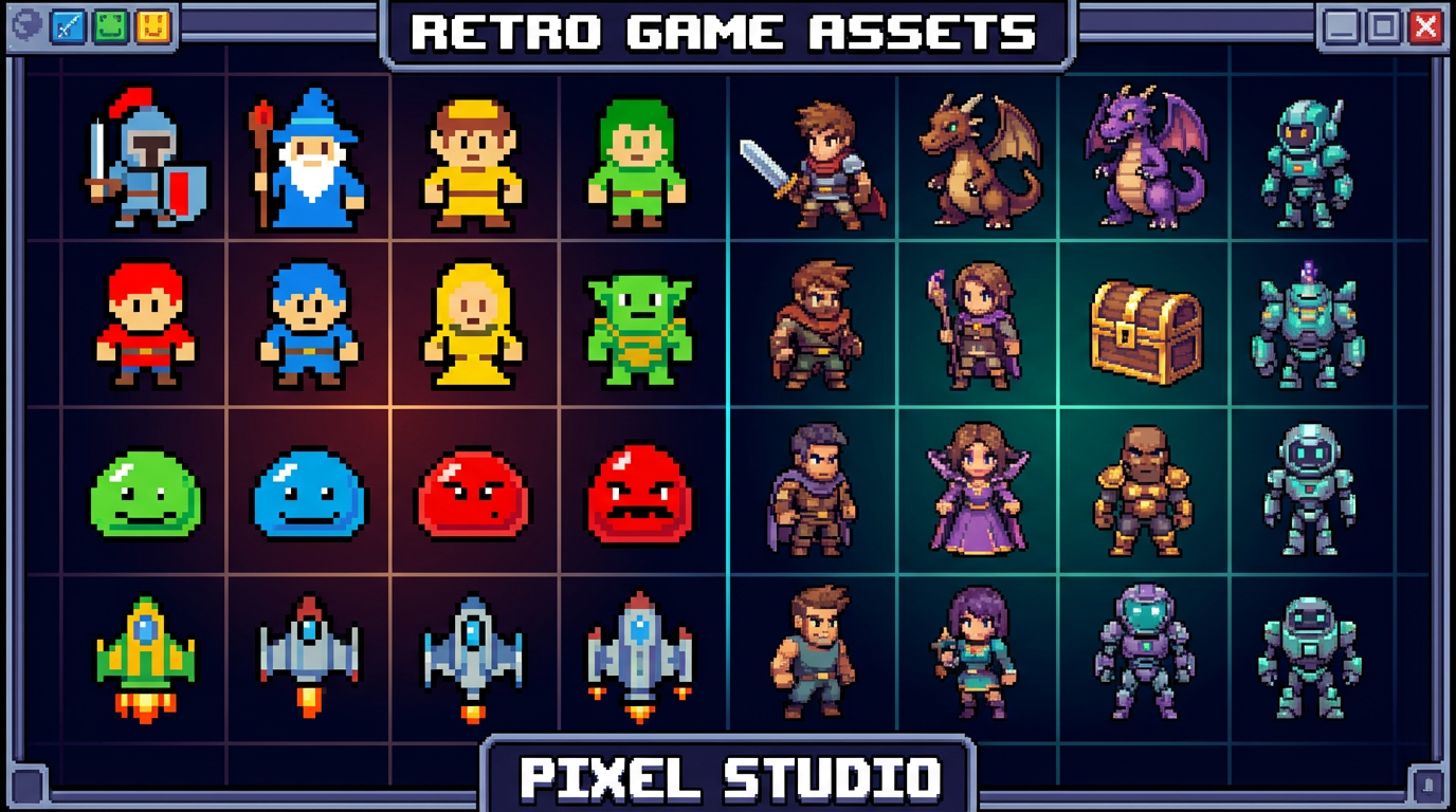 Collection of AI-generated pixel art characters and sprites in retro 8-bit and 16-bit style, colorful game assets on a dark pixel grid background