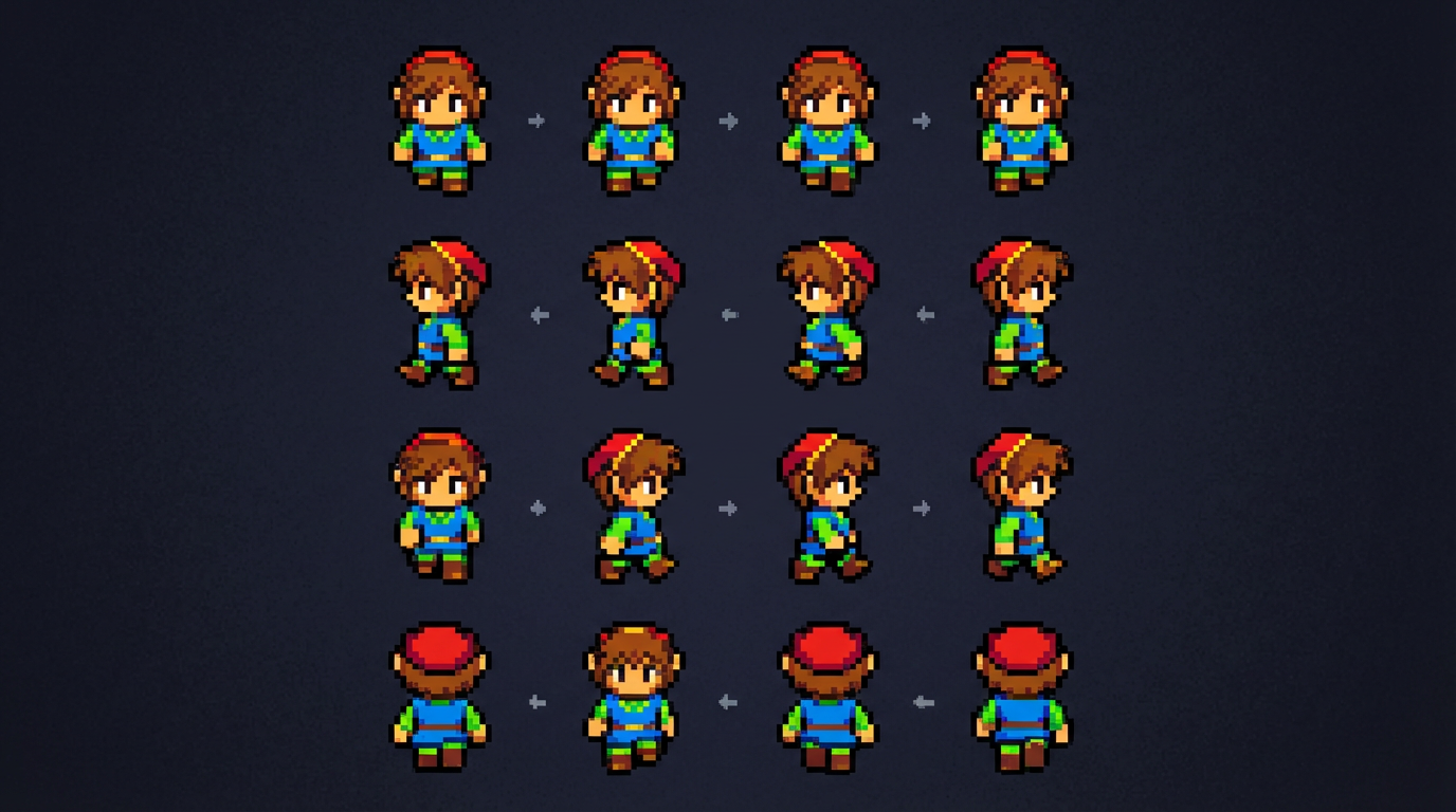 Cute pixel art RPG character sprite sheet showing walk cycle animation frames, retro game style with vibrant colors