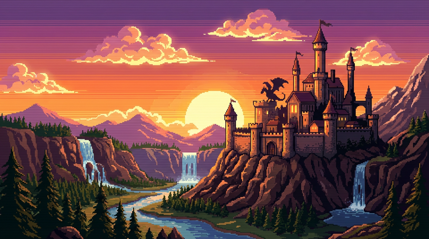 Epic pixel art landscape scene of a fantasy castle on a mountain at sunset, 16-bit style with detailed pixel clouds