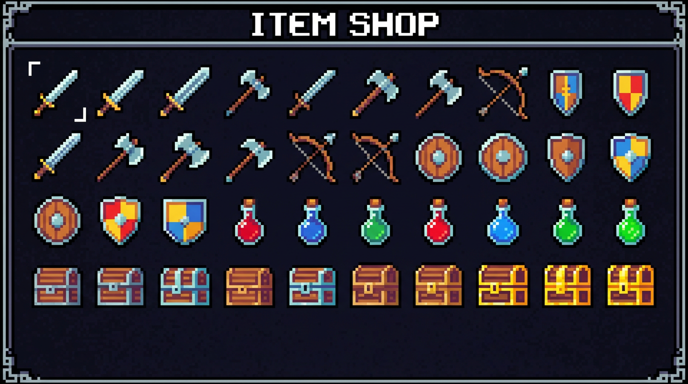 Pixel art game assets including weapons swords shields potions and treasure chests, retro RPG items on dark background