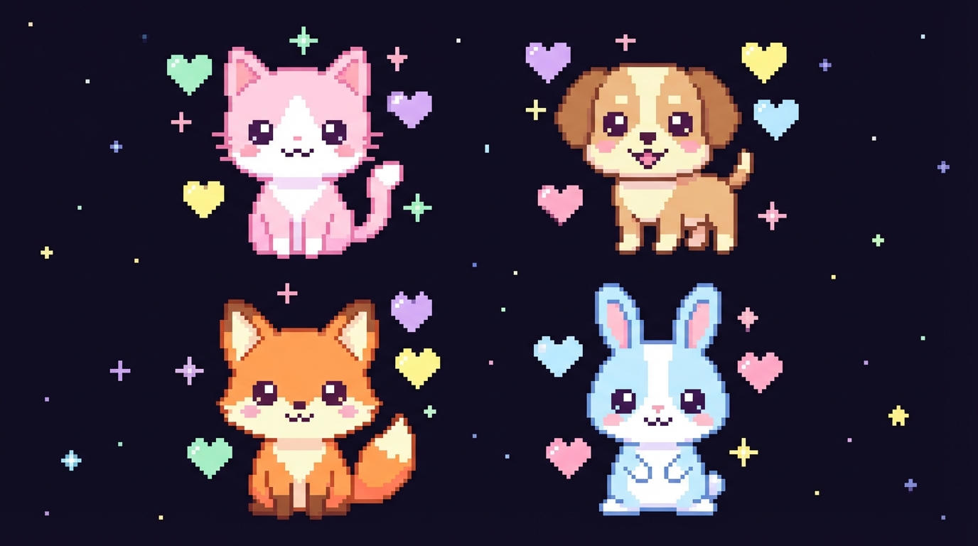 Adorable pixel art animals collection including a cat dog fox and rabbit, chibi kawaii retro game style