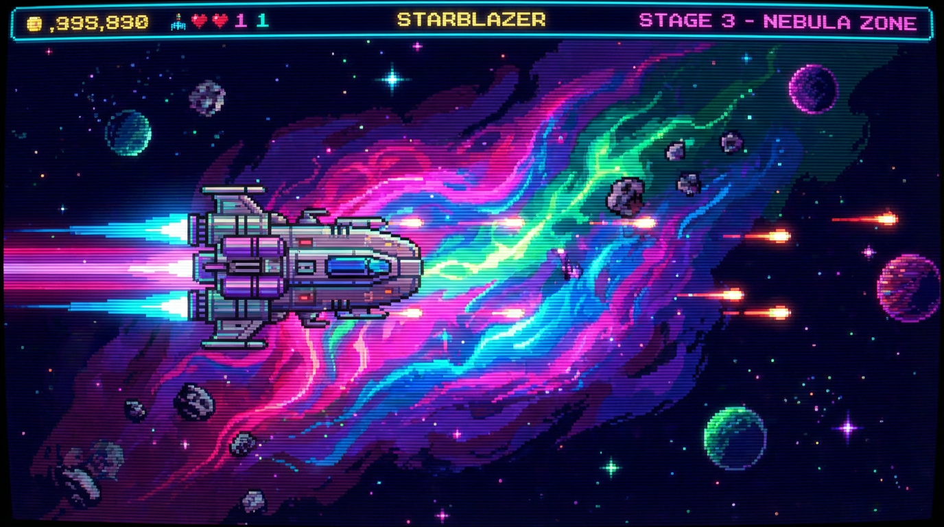 Pixel art space scene with a retro spaceship flying through colorful nebula, 16-bit arcade shooter aesthetic