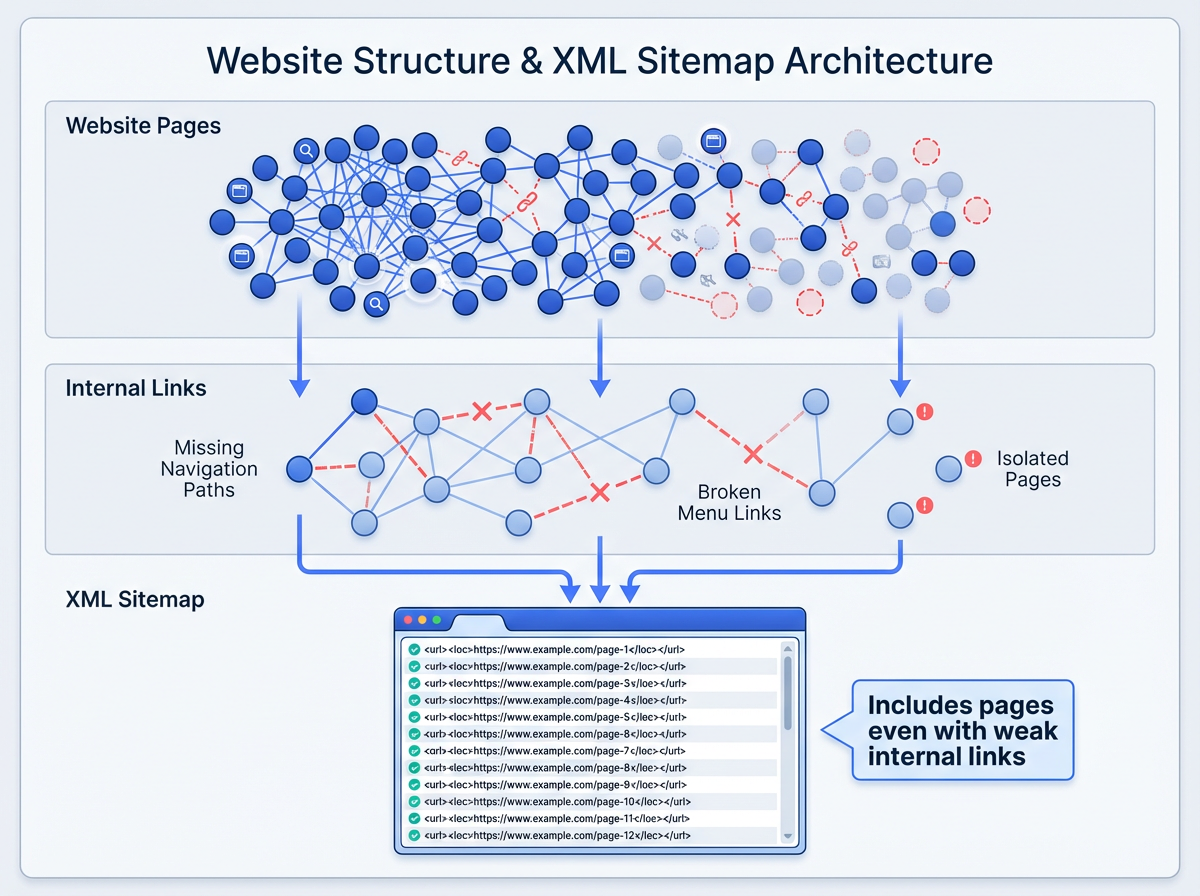 XML sitemap vs internal linking diagram for sitemap generator context