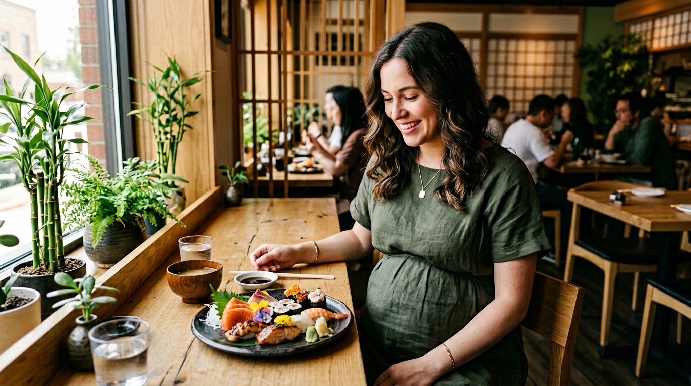Pregnant woman at a restaurant table with a plate of colorful sushi rolls