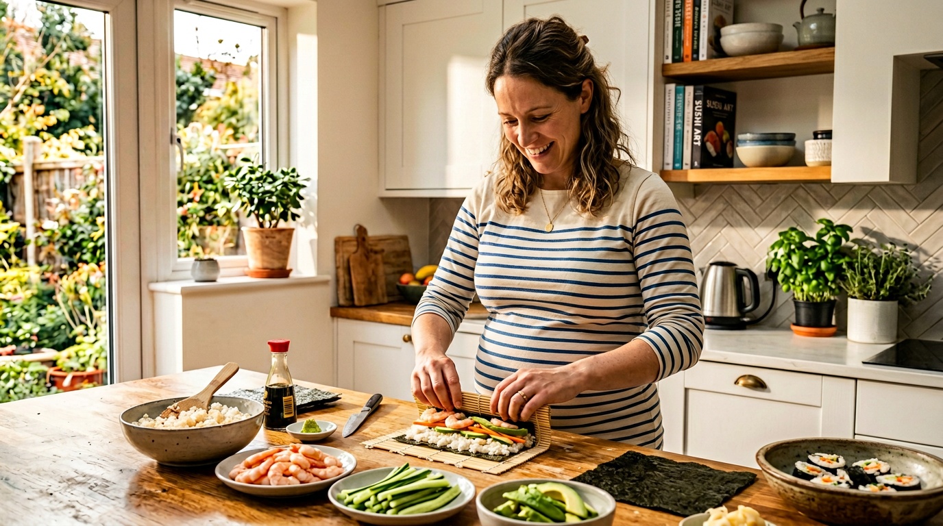 Pregnant woman in kitchen preparing homemade sushi with cooked ingredients