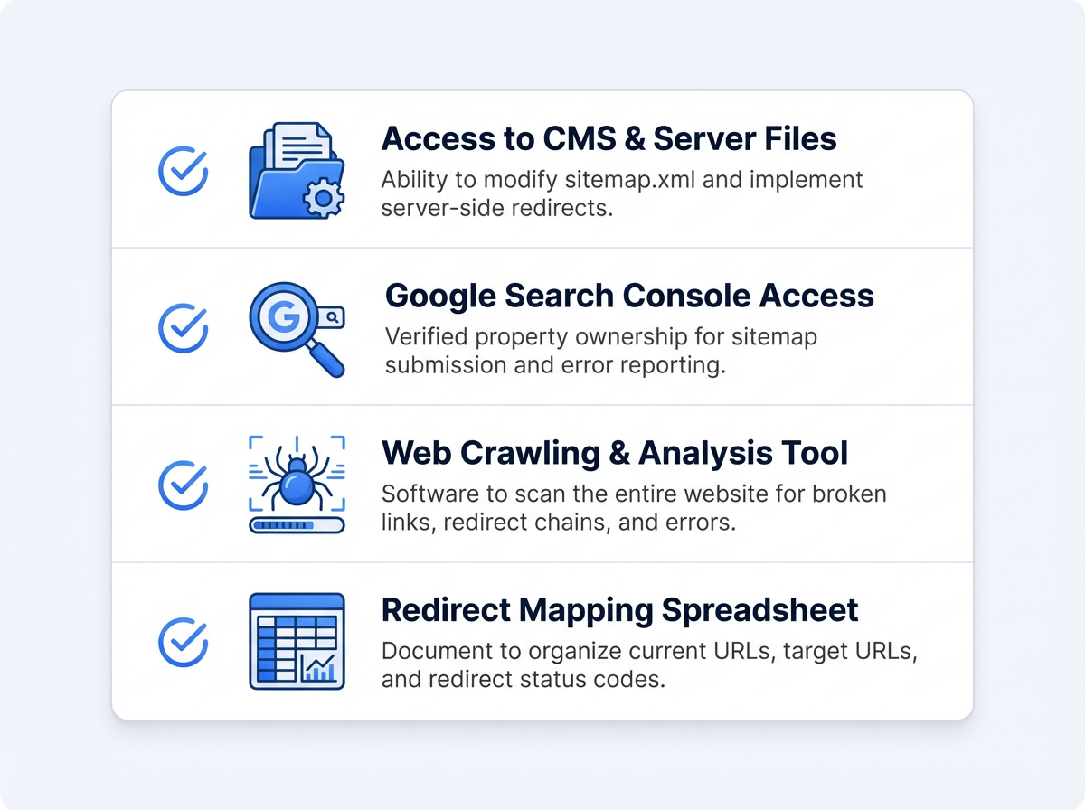 Prerequisites checklist for fixing redirects in sitemap files