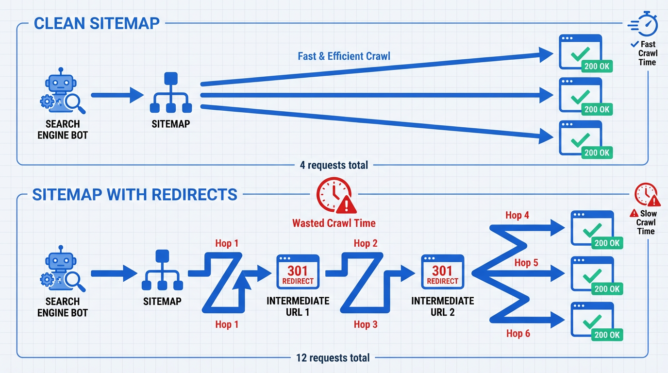 Diagram comparing crawl efficiency with and without redirects in sitemap