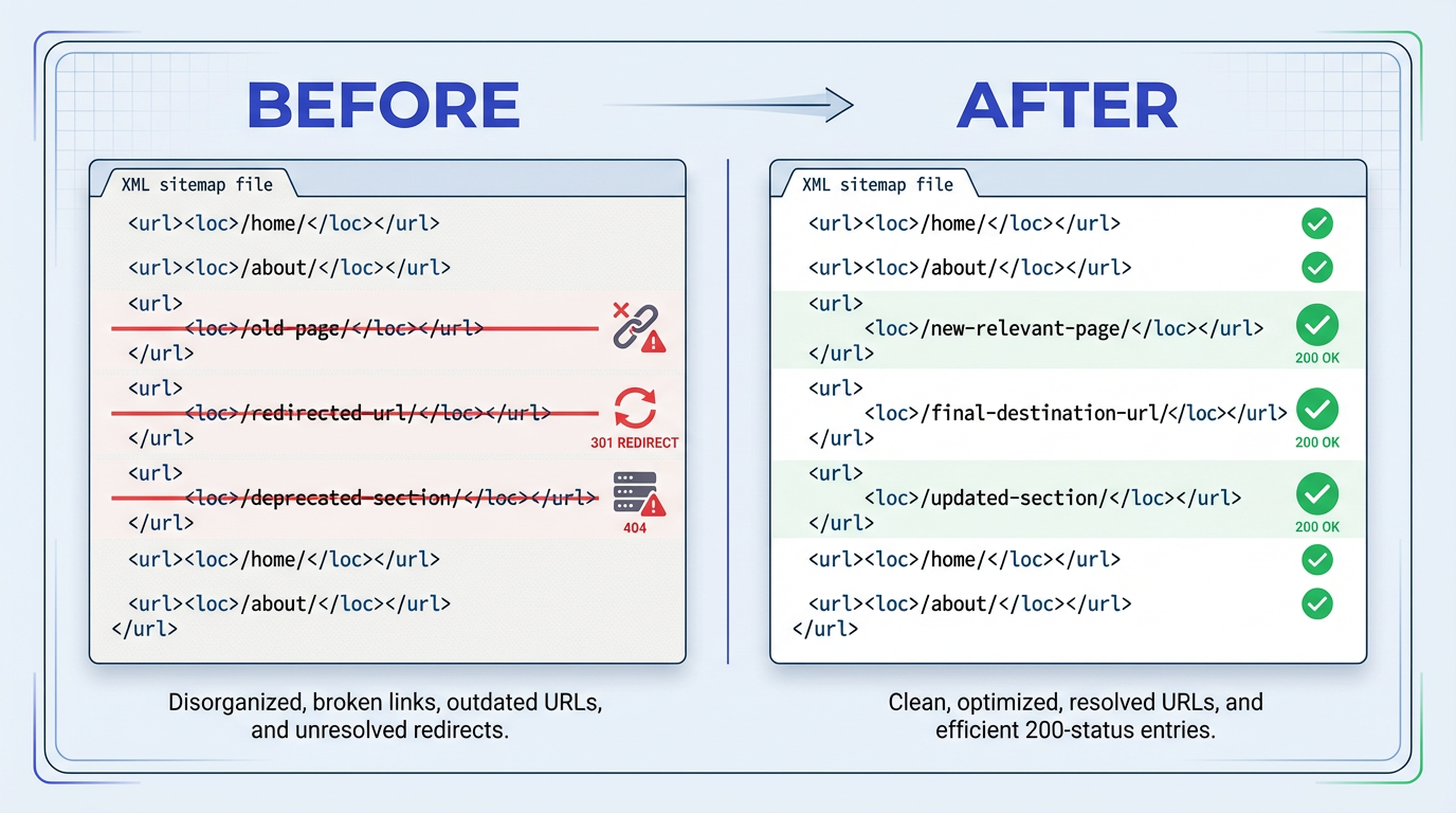 Before and after comparison of sitemap with redirects fixed