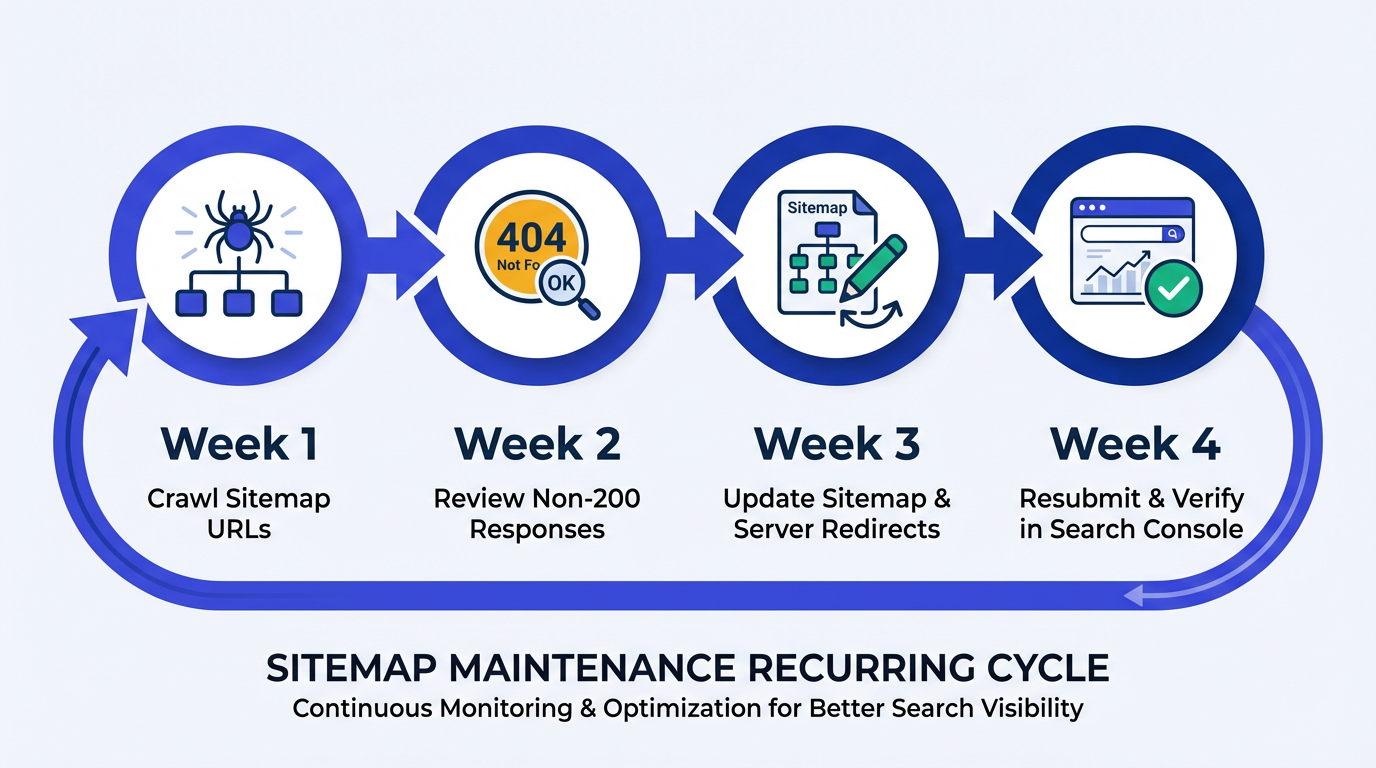 Monthly sitemap monitoring schedule to prevent redirects in sitemap