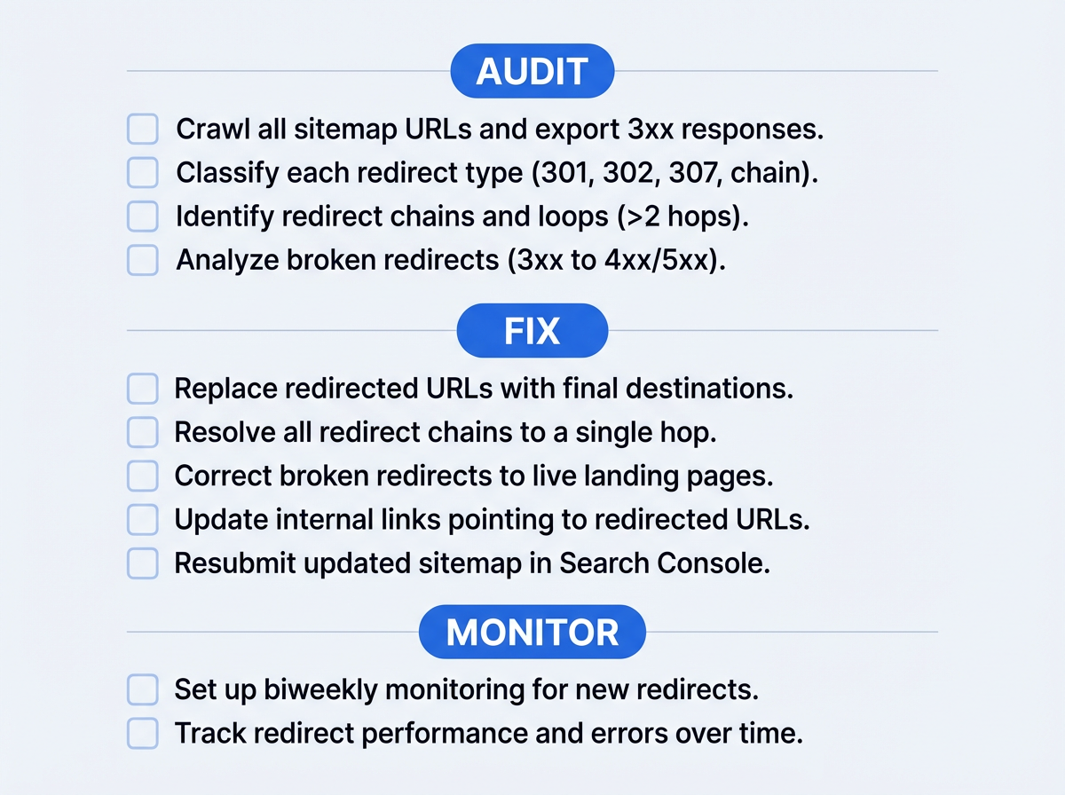 Sitemap redirect cleanup checklist for SEO teams