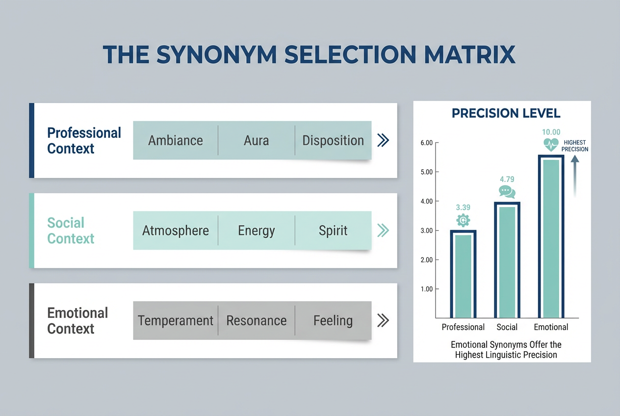 A professional infographic listing synonyms for vibe categorized by professional, social, and emotional contexts to improve linguistic precision.