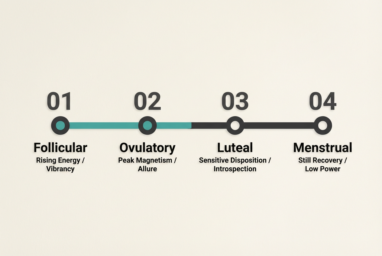 A horizontal progress bar chart mapping the four phases of the menstrual cycle to specific energy levels like magnetism and sensitivity.
