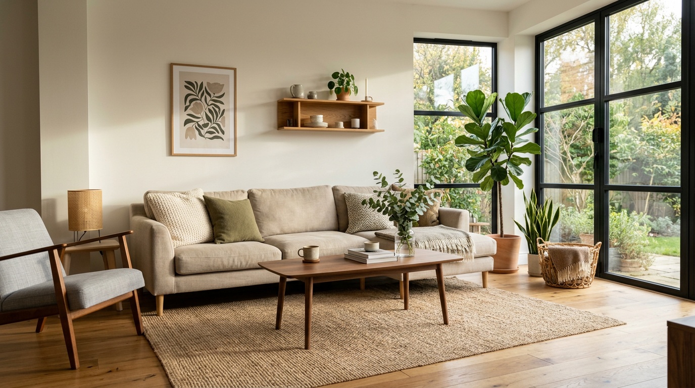 A stylish living room interior with a beige couch