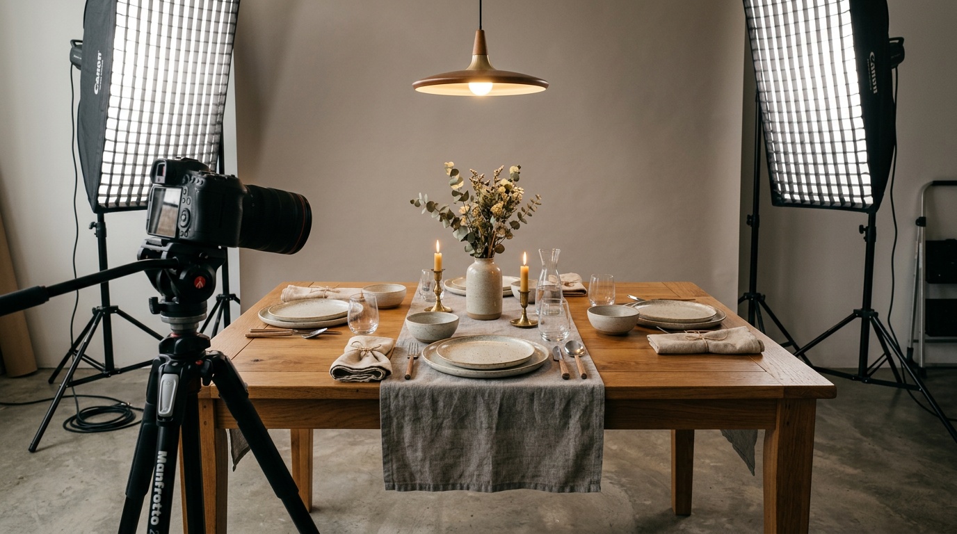 A professional camera on a tripod photographing a wooden dining table in a staged room