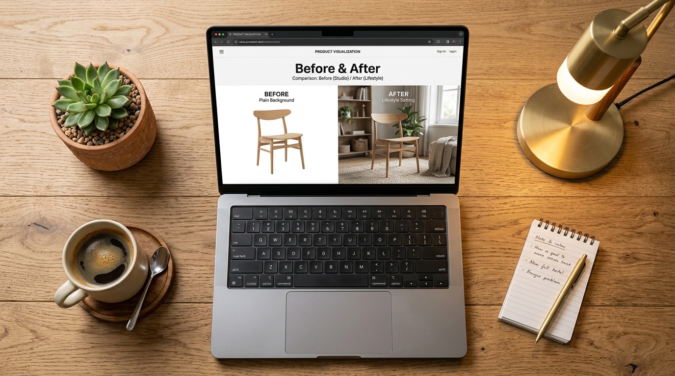 A laptop screen showing an AI interface transforming a plain product photo of a chair into a styled living room scene