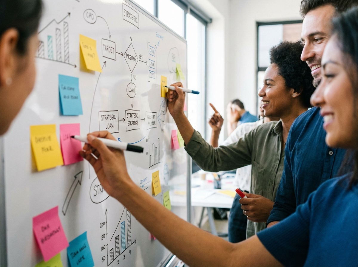 Équipe créative en pleine collaboration stratégique