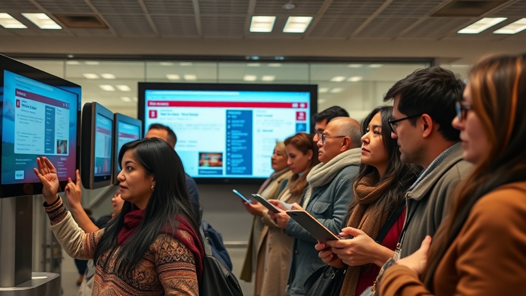 A documentary-style photo of a diverse group of potential immigrants checking their invitations on digital screens in a modern, multicultural Canadian immigration center. The image captures a moment of anticipation and hope, reflecting the diverse backgrounds and ages of CEC candidates.