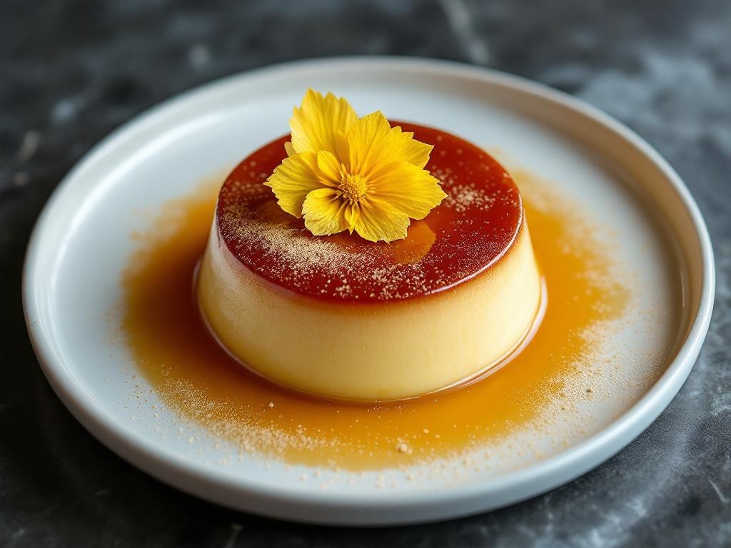 Yuzu Flan de Cajeta with Chrysanthemum Glass and Kinako Dust