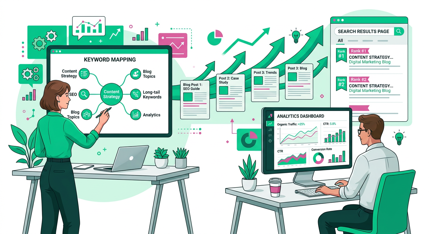 Modern editorial illustration of a content strategy workflow, with one person mapping keywords, another checking analytics...